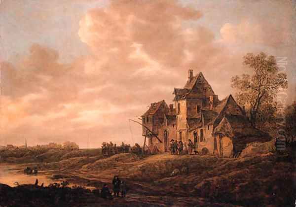 Travellers at an inn by a river with peasants and a washerwoman nearby, at sunset, on a cloudy day Oil Painting by Jan van Goyen