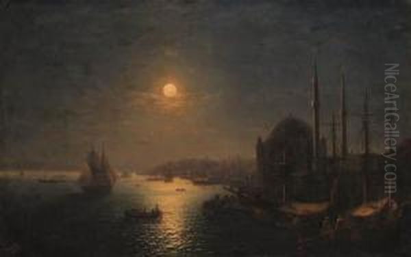 A Moonlit View Of The Bosphorus 
Looking Towards The Seraglio Point,with The Mosque Of Ortaky On The 
Right Oil Painting by Ivan Konstantinovich Aivazovsky