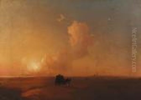 Camel-cart At Sunset In A Coastal Landscape Oil Painting by Ivan Konstantinovich Aivazovsky