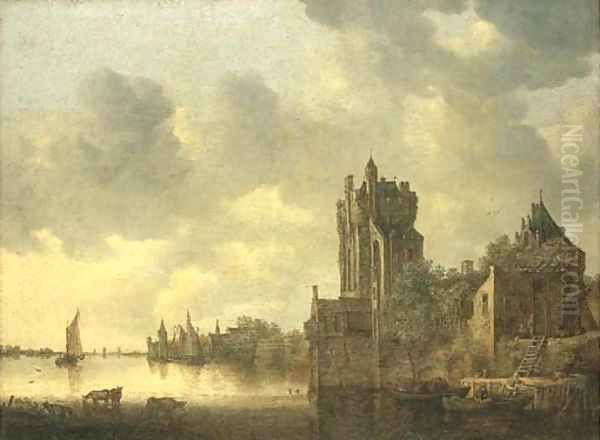 A river landscape with cows watering by a fortified tower Oil Painting by Jan van Goyen