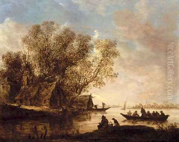 A river landscape with fishermen and a cottage on the bank Oil Painting by Jan van Goyen