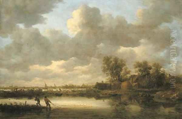 A river landscape with fishermen drawing in their nets near a village Oil Painting by Jan van Goyen