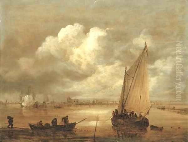 A river landscape with fishermen drawing in their nets, a town beyond Oil Painting by Jan van Goyen