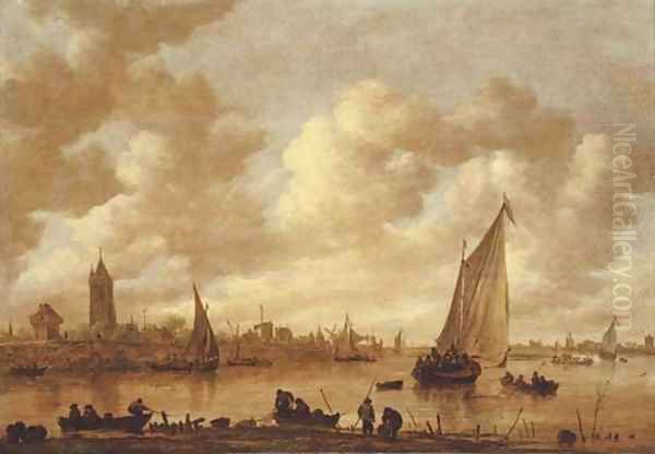 A view of Gorinchem with shipping on the Rhine in the foreground Oil Painting by Jan van Goyen