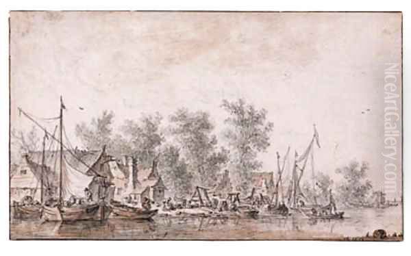 A Village Harbour along a River Oil Painting by Jan van Goyen