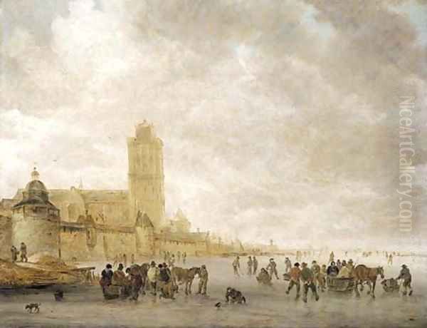 A winter landscape with skaters on the Maas in Dordrecht Oil Painting by Jan van Goyen