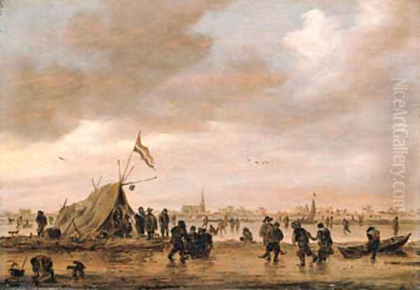 A winter landscape with villagers on a frozen waterway Oil Painting by Jan van Goyen