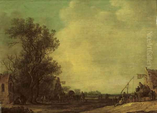 A wooded landscape with travellers outside an inn Oil Painting by Jan van Goyen