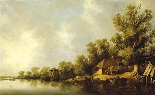 A wooded river landscape with fisherfolk and peasants by a cottage Oil Painting by Jan van Goyen