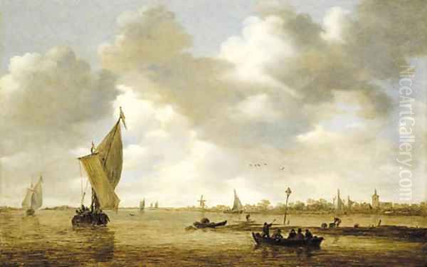 An estuary with passengers in a ferry, a kaag and other shipping by a mudflat, a village beyond Oil Painting by Jan van Goyen