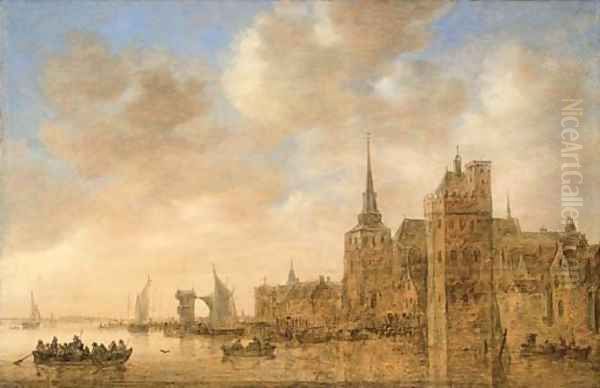 An imaginary view of Antwerp from the Scheldt, a ferry with passengers in the foreground Oil Painting by Jan van Goyen