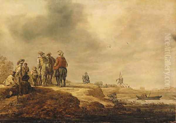 Cavalrymen halted on a riverbank, a windmill beyond Oil Painting by Jan van Goyen