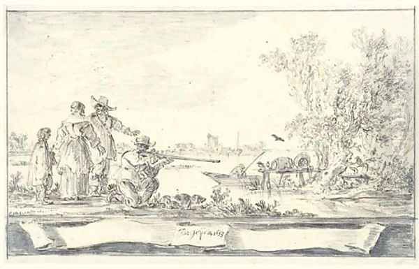 Elegant company shooting birds in an estuary Design for a title-page Oil Painting by Jan van Goyen