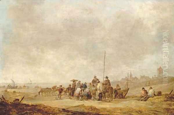 Fishermen with their catch and townsfolk on the beach at Katwijk aan Zee Oil Painting by Jan van Goyen