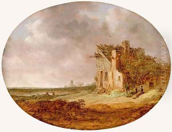 Le Pigeonnier An extensive landscape with peasants sitting on a bank by a dilapidated cottage Oil Painting by Jan van Goyen