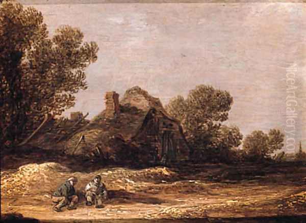 Peasants resting on a track by a farm - a fragment Oil Painting by Jan van Goyen