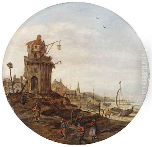 Villagers skating on a frozen waterwaybefore a church Oil Painting by Jan van Goyen