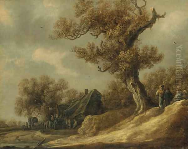 A dune landscape with peasants talking under a tree, an inn with travellers beyond Oil Painting by Jan van Goyen