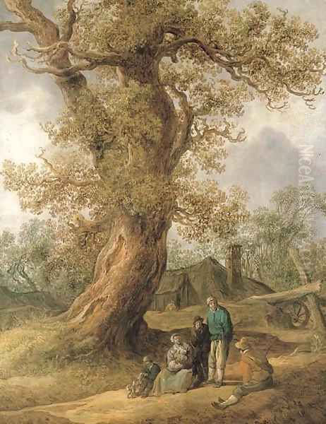 A family of peasants sitting under an oak tree with cottages in the distance Oil Painting by Jan van Goyen