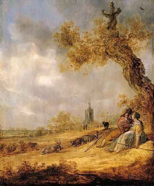 A landscape with a shepherd and shepherdess, a church beyond Oil Painting by Jan van Goyen