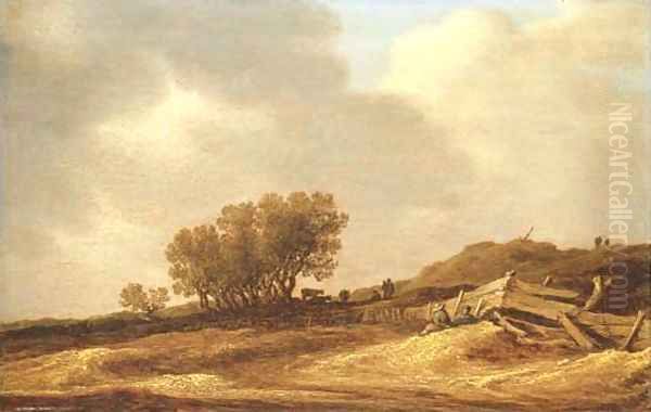 A landscape with sand dunes and figures leaning on a fence Oil Painting by Jan van Goyen