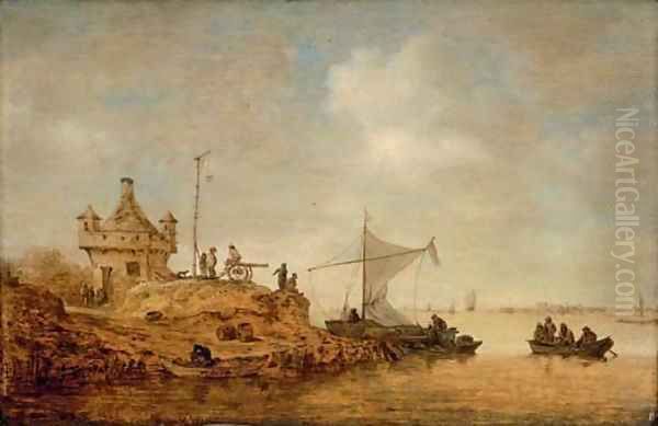 A river landscape with a ferry crossing and peasants by a cannon Oil Painting by Jan van Goyen