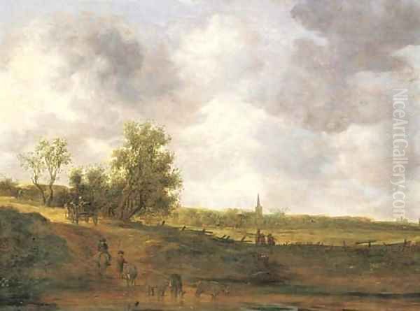 A rural landscape with peasants and a drover by a track, a village beyond 2 Oil Painting by Jan van Goyen