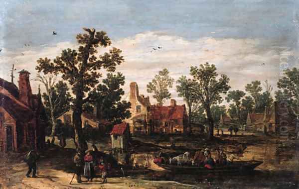 A village by a river with peasants and cattle on a ferry setting out from a landing stage, in summer Oil Painting by Jan van Goyen