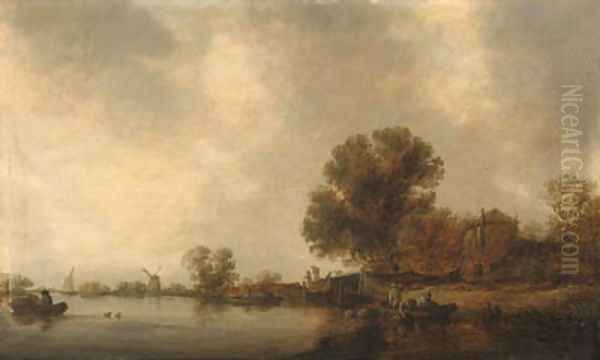 A wooded river landscape with fishermen in a boat checking creels before a bridge Oil Painting by Jan van Goyen