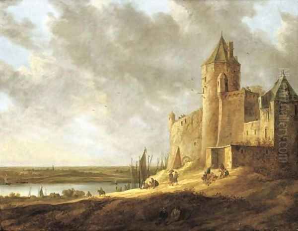 An extensive river landscape with peasants by a castle Oil Painting by Jan van Goyen