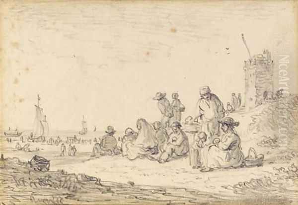 Figures seated among dunes, a tower to the right, ships drawn up on the beach beyond Oil Painting by Jan van Goyen