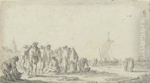 Fisherfolk on a beach, the fishing fleet seen beyond Oil Painting by Jan van Goyen