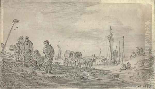 Fishermen on a beach, sailing boats seen beyond Oil Painting by Jan van Goyen