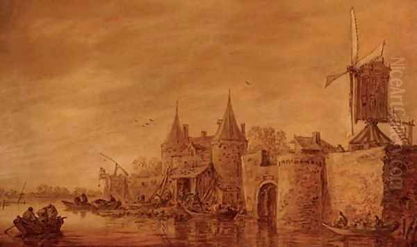 Fortifications and a windmill along a river Oil Painting by Jan van Goyen