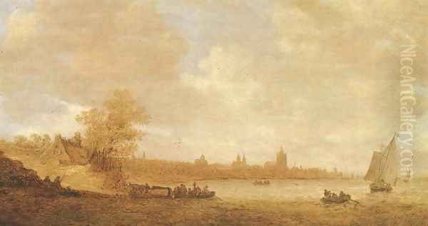 A cattle ferry and other shipping on the river Rhine, with the city of Arnhem beyond Oil Painting by Jan van Goyen