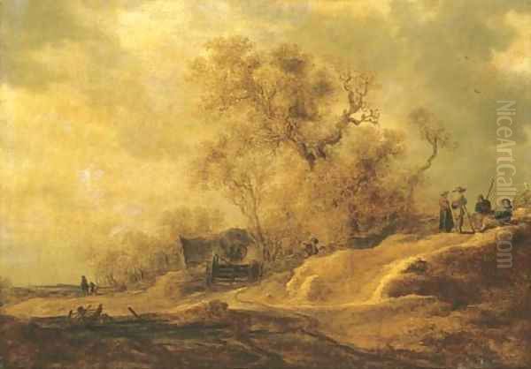 A dune landscape with peasants by a track 2 Oil Painting by Jan van Goyen