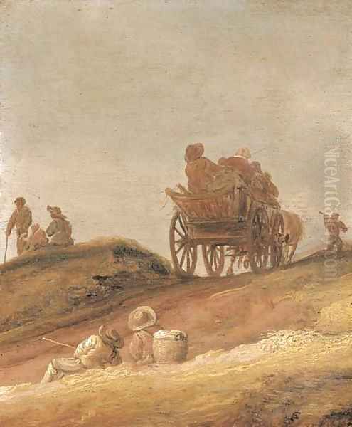 A dune landscape with peasants in a horsedrawn cart and travellers resting on a path Oil Painting by Jan van Goyen