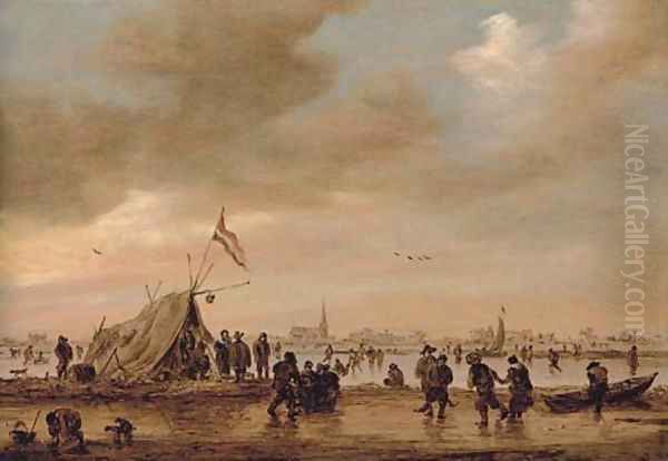 A frozen river landscape with villagers skating on a waterway Oil Painting by Jan van Goyen