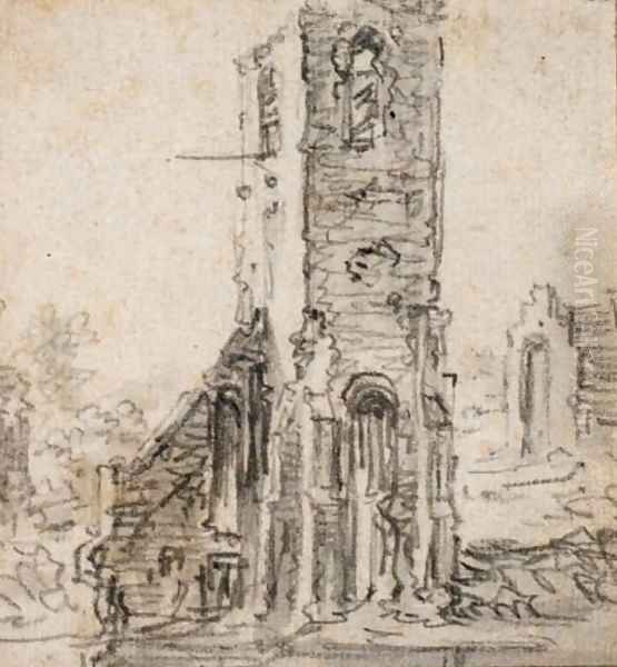 La tour d'une eglise en ruines à Eik-en-Duinen Oil Painting by Jan van Goyen