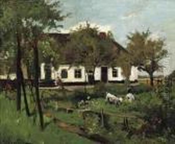 Farmhouse With Goats Oil Painting by Johannes Evert Akkeringa