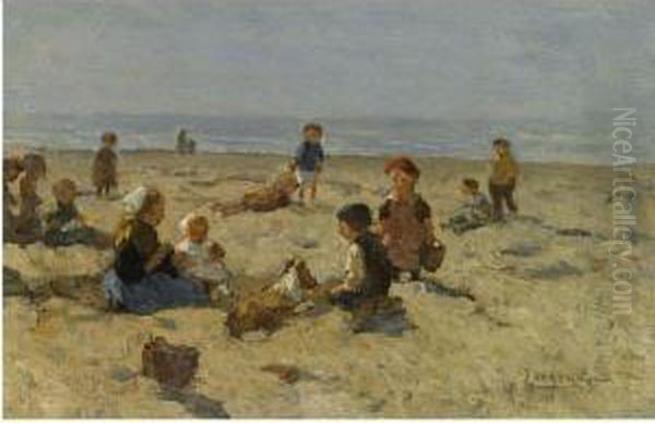 Children Playing On The Beach Oil Painting by Johannes Evert Akkeringa