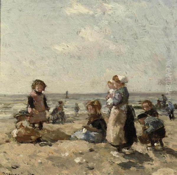 Children On The Beach At Scheveningen Oil Painting by Johannes Evert Akkeringa