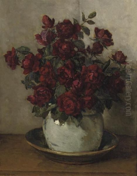 Red Roses In An Earthenware Vase Oil Painting by Johannes Evert Akkeringa