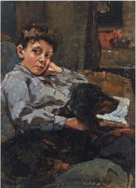 A Portrait Of A Boy And His Dog Oil Painting by Johannes Evert Akkeringa