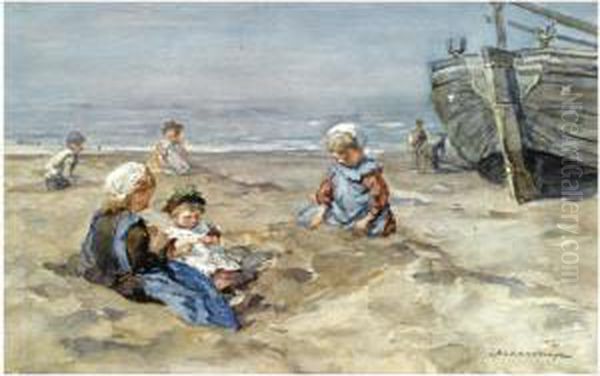 Children At Play On The Beach Oil Painting by Johannes Evert Akkeringa