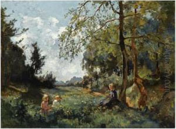 Children Picking Flowers In A Field Oil Painting by Johannes Evert Akkeringa