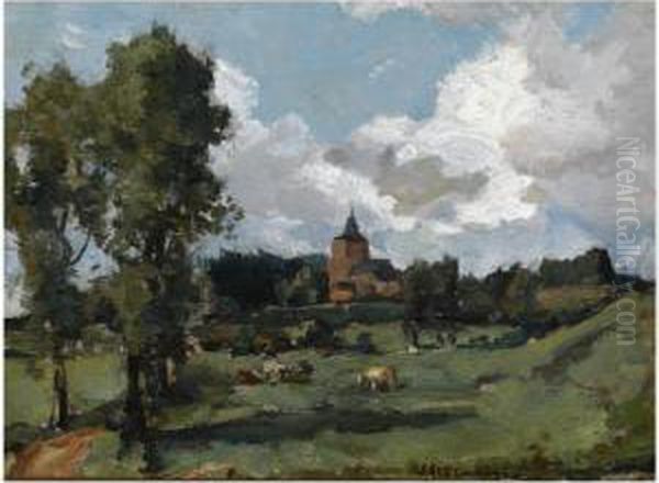 A Summer Landscape With A Village In The Distance, Possibly Heelsum Oil Painting by Johannes Evert Akkeringa