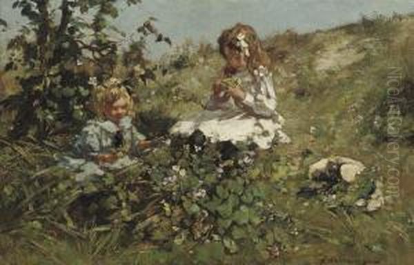 Picking Flowers In The Dunes Oil Painting by Johannes Evert Akkeringa