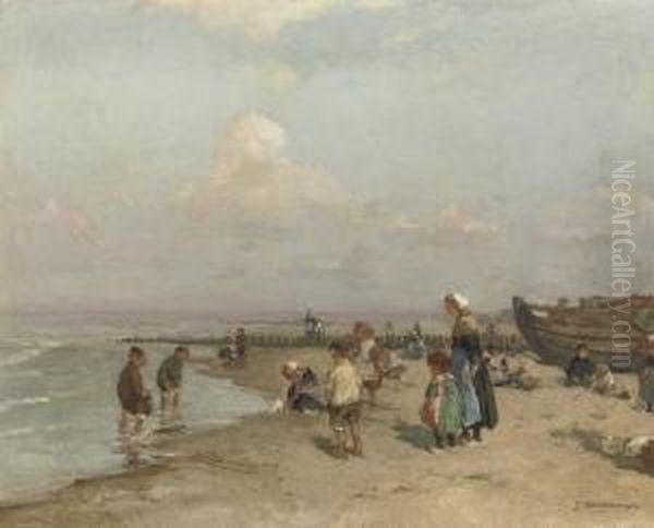 Kinderen Op Het Strand: A Day At The Beach Oil Painting by Johannes Evert Akkeringa