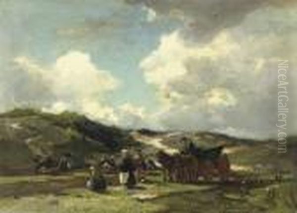 Mending Fishing-nets In The Dunes Of Scheveningen Oil Painting by Johannes Evert Akkeringa